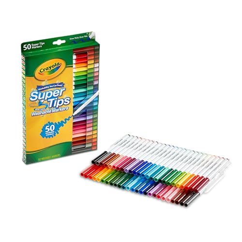 CRAYOLA SuperTips Washable Markers - Assorted Colours (Pack of 50)   Premium Felt Tip Pens That Can Easily Wash Off Skin & Clothing   Ideal for Kids Aged 3and