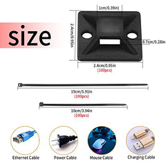 200 Pcs Cable Ties Black 100 Pcs Self Adhesive Wire Tie Mount Base Holders， Cable Clips with Strong Self Adhesive Pads ，Cable Management Set for Home 、 Office、Warehouse, (cable tie with base-001)