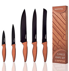 nuovva Sharp Kitchen Knife Set – 5pcs Copper Kitchen Knives – Professional Stainless Steel Filleting Knives - Black Non Stick Blades