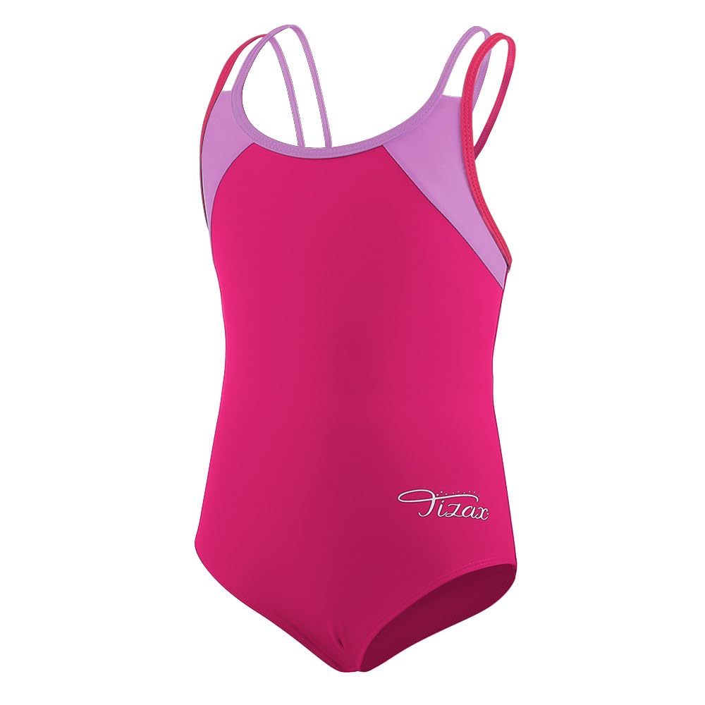 TIZAX Girls One Piece Swimsuit Solid Cross Back Multi Straps Swimwear Quick Dry Beach Swimming Costume Rose Red 6 Years