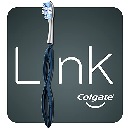 Colgate Link Manual Toothbrush Whitening Starter Kit Including 1 Premium Aluminium Handle & 2 Whitening Replacement Brush Heads Medium, Navy, Stain Removing Technology, 80% Less Plastic