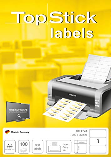 TopStick 8793 Multi-Purpose Labels, 3 Labels Per A4 Sheet, 200 x 95 mm, 300 Labels, Self Adhesive, Large Stickers for Laser and Inkjet Printers, White