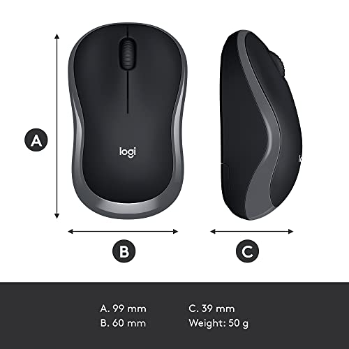 Logitech M185 Wireless Mouse, 2.4GHz with USB Mini Receiver, 12-Month Battery Life, 1000 DPI Optical Tracking, Ambidextrous, Compatible with PC, Mac, Laptop - Grey