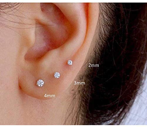 Gulicx 3 Pairs 2mmSilver 14K Gold Stud Earrings Set for Women Girls, Hypoallergenic 925 Stering Silver Round Cubic Zirconia Simulated Diamond Stud Earrings, Small Sleeper Cartilage Studs