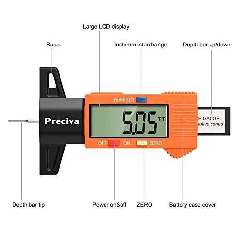 Tyre Tread Depth Gauge, Preciva 0-25.4mm/Inch Digital Tyre Tread Depth Checker, Tire Tread Depth Gauge UK, Tyre Depth Measuring Tool with Large LCD Screen for Cars, Trucks, Motos, Orange