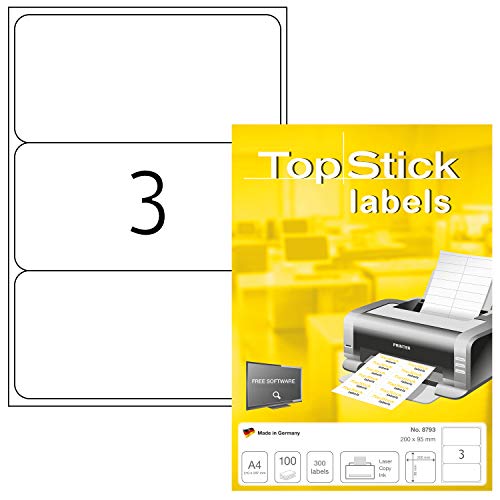 TopStick 8793 Multi-Purpose Labels, 3 Labels Per A4 Sheet, 200 x 95 mm, 300 Labels, Self Adhesive, Large Stickers for Laser and Inkjet Printers, White