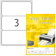 TopStick 8793 Multi-Purpose Labels, 3 Labels Per A4 Sheet, 200 x 95 mm, 300 Labels, Self Adhesive, Large Stickers for Laser and Inkjet Printers, White