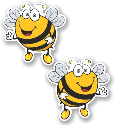 2no. 100mm Happy Bee Stickers - Easy to Apply to Vehicles, Laptops, Furniture etc. - Self Adhesive Stickers