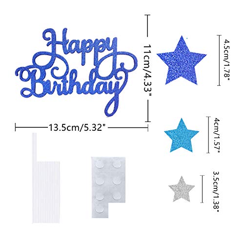 VAINECHAY Birthday Cake Decorations Happy Birthday Cake Toppers for Boy Men Girl Women Kids Blue Star Cupcake Decoration Baby Shower Party Silver