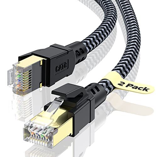 CABNEER Cat 8 Ethernet Cable 1M 2Pack, High-Speed Gigabit Braided RJ45 LAN Patch Cord, 40Gbps 2000Mhz S/FTP, Lan Network Cable Compatible with PS5/4, Modem, Router, Switch, Faster than Cat7