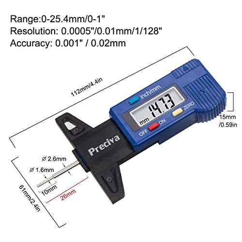 Tyre Tread Depth Gauge, Preciva 0-25.4mm/Inch Digital Tyre Tread Depth Checker, Tire Tread Depth Gauge UK, Portable Tyre Depth Measuring Tool with LCD Screen for Cars, Trucks, Motos