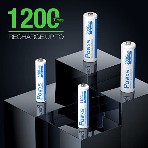 POWXS AA and AAA Rechargeable Batteries Set - 8 Pack Rechargeable Battery, High Capacity 2800mAh AA x 4 and 1100mAh AAA x 4 Ni-MH 1.2v Pre-Charged Batteries