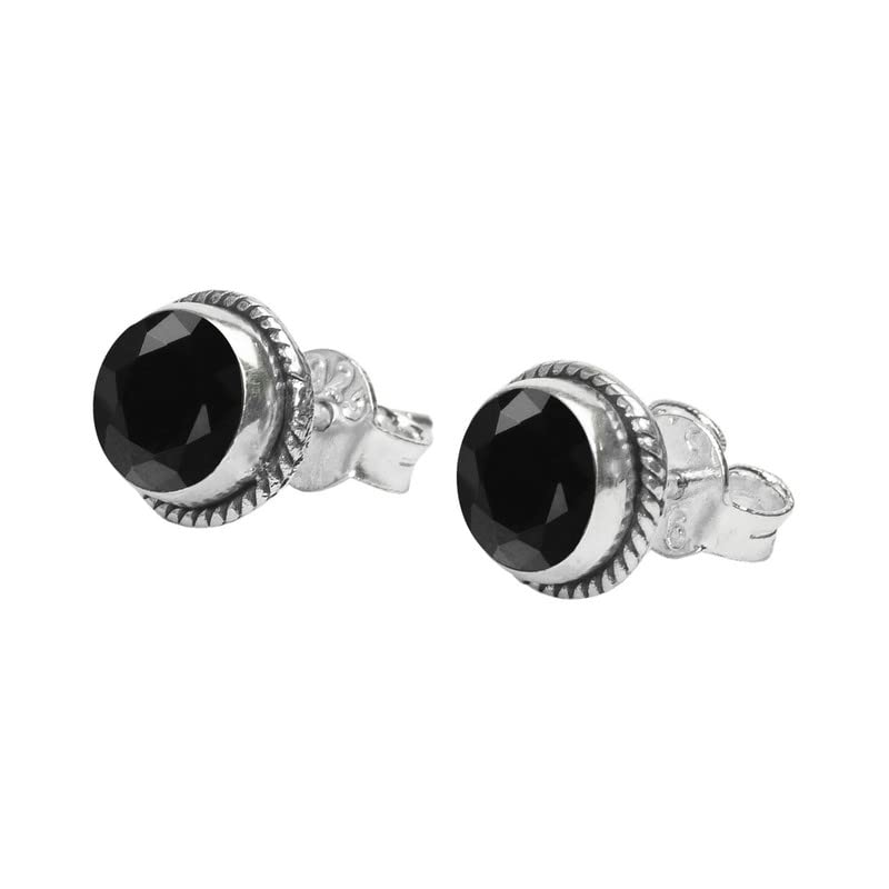 Black Tourmaline Stone Stud Post Earrings, 925 Sterling Silver Gemstone Earring 6 MM Round Girl Women Gift