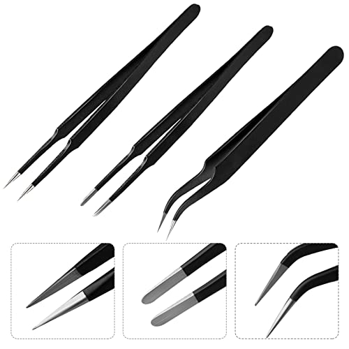 3pcs Anti-Static Precision Tweezers Set Modelling Tweezers for Crafting Include Needle Nose Thin Curved Tweezers for Electronic Repair, Handicraft, Laboratory, Jewelry Manufacturing etc