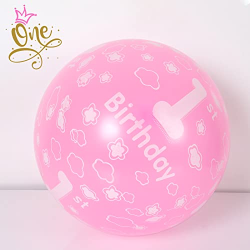 1st Birthday Balloons First Birthday Decorations 12 inches Latex Pestel Pink Happy 1st Birthday Balloons for Baby Girl's Birthday Party Princess Anniversary Decorations, Pack 10 with Balloon Spare & Ribbon