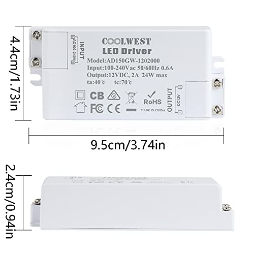 COOLWEST 24W LED Power Supply Driver Transformer 12V DC 2A - Constant Voltage for LED Strip Light G4 MR16 MR11 GU10 Bulbs