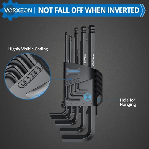 VORXEON 9PCS Allen Wrench Hex Key Set 1.5mm-10mm, Metric Long Ball End Allen Key Set L-Key with Visible Coding for Bike Motorcycle Repair Furniture Assembly Household DIY