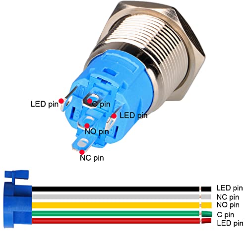 Gebildet 0.87 Inch/22mm Stainless Steel Momentary Push Button 230V AC 3A LED 1NO1NC SPDT ON Off Waterproof with Wire Socket Plug (Blue LED)