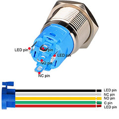 Gebildet 0.87 Inch/22mm Stainless Steel Momentary Push Button 230V AC 3A LED 1NO1NC SPDT ON Off Waterproof with Wire Socket Plug (Blue LED)