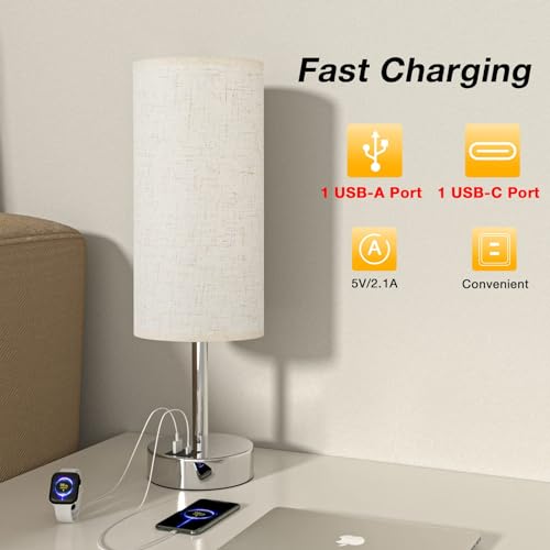 Bedside Lamps, Touch Lamps Bedside with USB-CandA Charging Ports, 3-Way Dimmable Table Lamp with White Linen Fabric Shade, Small Table Lamp for Bedroom Living Room (Bulb Included)