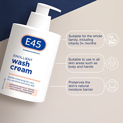 E45 Cream Body Wash 250 ml - Dermatological Emollient Wash Cream - Soap Free Emollient Cream Body Wash for Women & Men - Gentle Shower Cream to Clean & Relieve Dry, Itchy & Irritated Eczema Prone Skin