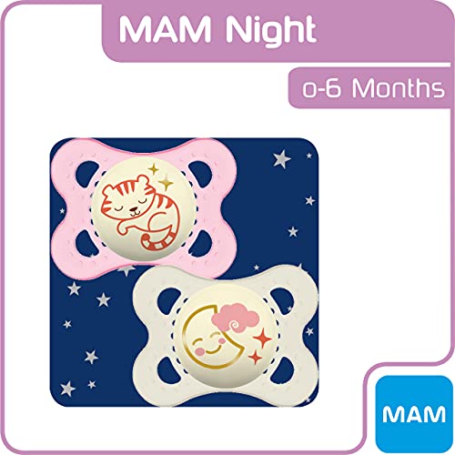 MAM Night Soothers 0-6 Months (Pack of 2), Glow in the Dark Baby Soothers with Self Sterilising Travel Case, Newborn Essentials, Pink/White, (Designs May Vary)