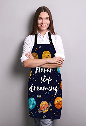 Wasach Never Stop Dreaming Apron, Motivational Quote Apron, Outer Space Apron, Cute Planets and Star Cluster Solar System Moon and Comets Sun Cosmos Apron