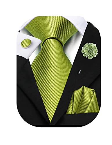 Hi-Tie Yellow Green Formal Solid Ties Lapel Pin Set Silk Woven Necktie Pocket Square Cufflinks Novelty Dress Tie Prom