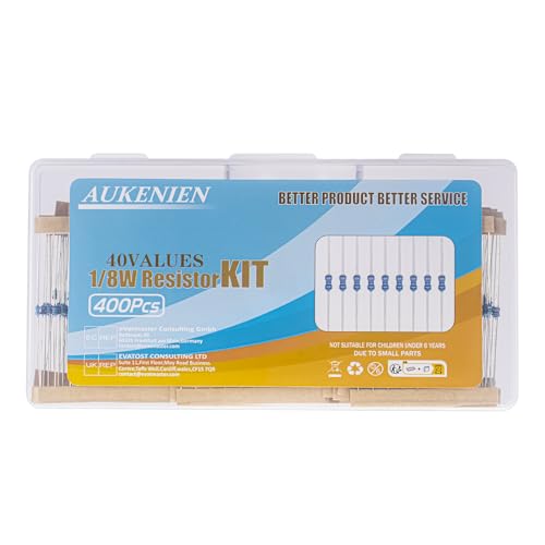 AUKENIEN 1/8W Resistors Assortment Kit 40 Values 400pcs 1/8 Watt Metal Film Fixed Resistor Pack 0 to 2.2M Ohm Common Industrial Electrical Assorted Resister Set RoHS Compliant with ±1% Tolerance