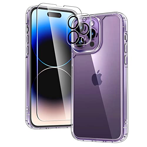 TAURI 5 in 1 for iPhone 14 Pro Case Crystal Clear [Not Yellowing], with 2 Tempered Glass Screen Protector and 2 Camera Lens Protector, [Military Grade Protection] Shockproof Slim Phone Case 6.1 inch