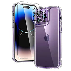 TAURI 5 in 1 for iPhone 14 Pro Case Crystal Clear [Not Yellowing], with 2 Tempered Glass Screen Protector and 2 Camera Lens Protector, [Military Grade Protection] Shockproof Slim Phone Case 6.1 inch