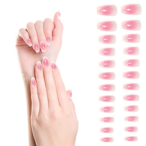 CHEERYMAGIC Pink Heart Press on Nails Long 24 Pcs Gradient Pink Fake Nails Acrylic Full Coffin Nail Tips Ballerina Stick on Nails for Women False Nails for DIY Manicure A2-FSAXJP