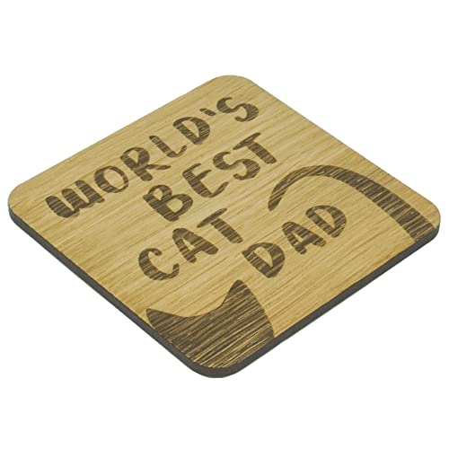 World’s Best Cat Dad Oak Veneer Coaster. Cute Kitty Coaster. Gift for Cat Father. Cat Dad Present. 9.7cm x 9.7cm Drinks Mat