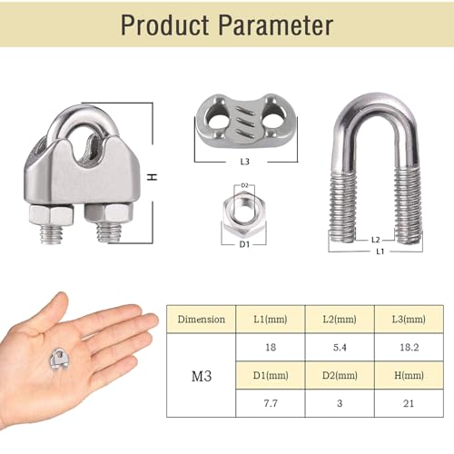 JIZZU 12Pcs M3 Cable Clamps Heavy Duty, 304 Stainless Steel U Bolts Wire Rope Clamps, Support a Load of 300 Tons, Metal Cable Crips for Garden Fences Cable Rope