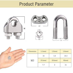 JIZZU 12Pcs M3 Cable Clamps Heavy Duty, 304 Stainless Steel U Bolts Wire Rope Clamps, Support a Load of 300 Tons, Metal Cable Crips for Garden Fences Cable Rope