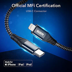 ESR USB-C to Lightning Cable, 0.5 ft (0.2 m), MFi-Certified, PD Fast Charging Cable for iPhone 14/14 Plus/14 Pro/14 Pro Max, iPhone 13/12 Series, iPhone SE 2022/11/XR, Braided Nylon, Black