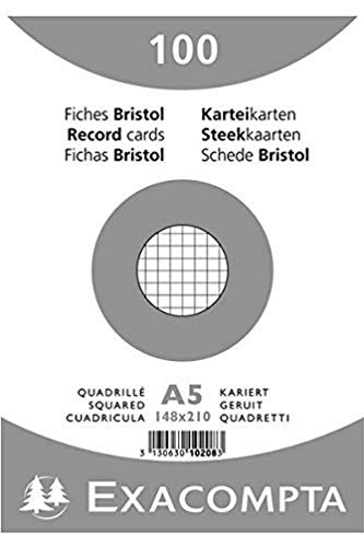 Exacompta - Ref 10208E - Bristol Squared Record Cards (Pack of 100) - A5 in Size, 205gsm Card, Compatible with Printers - Suitable for Exam Revision & Notes - White