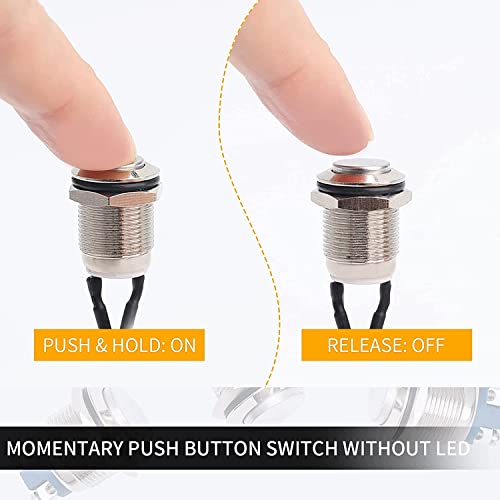 RUNCCI-YUN 10 Pieces 12 mm Momentary Push Button Switch Waterproof Push Button Switch Round Momentary Switch with Pre wiring,DIY Stainless Steel Normally Open Metal Push Start Button (High Head)