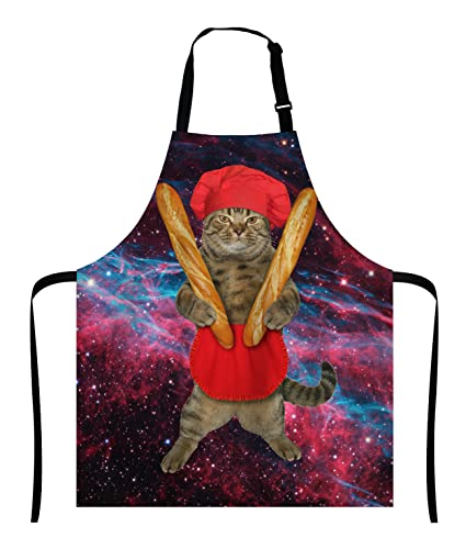 Wasach Funny Cat Apron, The beige cat baker in a red chef hat and apron is holding two loaf of french bread Adjustable Bib Apron, Cooking Kitchen Apron for Men Women