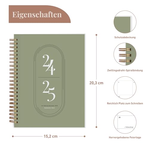 Rileys Planner 2024-2025 Academic Year, 18-Month Academic Weekly Planner - Academic Weekly & Monthly Agenda Planner, Flexible Cover, Notes Pages, Twin-Wire Binding, 20 x 15 cm (Green, German)