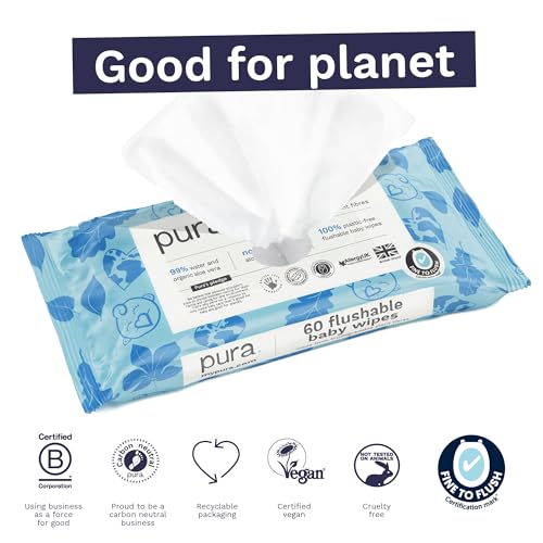 Pura Flushable Baby Water Wipes 3 x 60 per pack, (180 Wet Wipes) 100% Plastic Free, 99% Water, Suitable for Sensitive & Eczema Prone Skin, Biodegradable, Compostable, Vegan, Potty Training