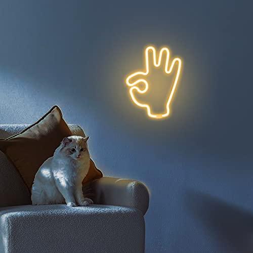 DWOOKE LED Neon Lights,OK Gesture Neon Signs Warm White Wall Neon Light USB or Battery Operated Hand Shape Light Hanging Decor Lights LED Signs for Bedroom Game Room Christmas Birthday Party Bar