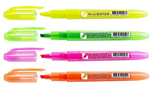 CROWN H-500 Highlighter Pens Chisel Tip Slim Highlighters - Wallet Of 4 - With Bright Fluorescent Ink - Yellow, Green, Pink And Orange