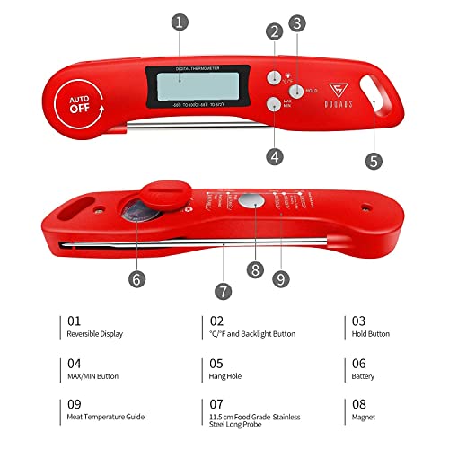 DOQAUS Cooking Thermometer, Digital Instant Read Food Thermometer Meat Thermometer Kitchen Thermometer with Foldable Probe, Backlit LCD Screen, Auto On/Off for BBQ, Grill, Suger, Milk, Deep Fry (Red)