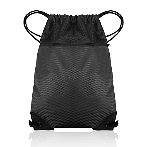 Fuyamp Drawstring Gym Bag, Black Drawstring Bags Waterproof Gym Bag,Sport Sack PE Bag, Swimming Bags Drawstring Scratch Resistant Bag for Men Women Large with Outside Zipper