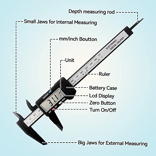 MOPPRO Electronic Digital Vernier Caliper, 0-150mm/0-6 inches Carbon Fiber Micrometer with LCD, Inch MM Fraction Conversion, Auto-off Measuring Tools for External, Internal, Depth, Pitch Measurements