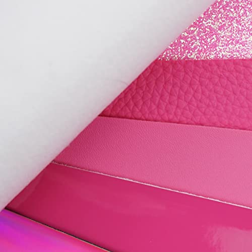 6 Pieces/Set 8x12 Inch (21cm x 30cm) A4 Bundle Leather Sheets Mixed Hot Pink Series Sparkle Fine Glitter Patent Holographic Litchi Faux Leather Fabric for Bow Earring Making DIY Craft