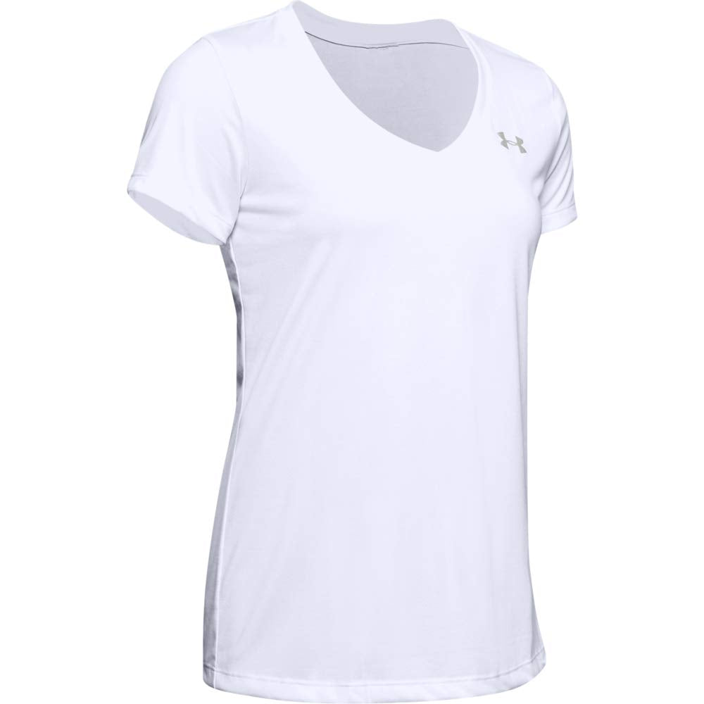 Under Armour Women Tech Short Sleeve V - Solid, Ladies T Shirt Made of 4-Way Stretch Fabric, Ultra-Light & Breathable Running Apparel for Women White