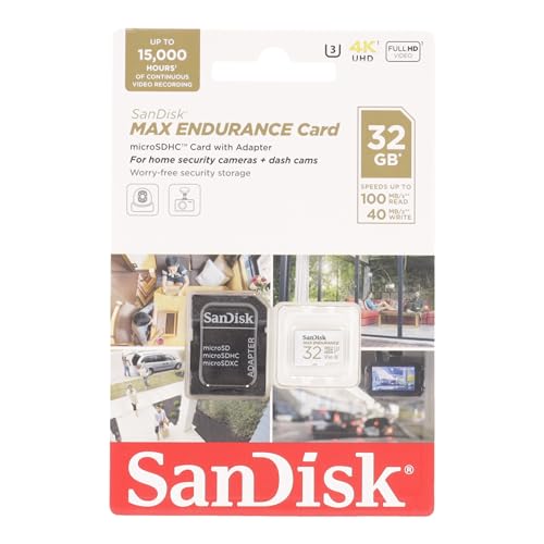 SanDisk 32GB MAX ENDURANCE microSDHC card for IP cams & dash cams and SD adapter up to 15,000 Hours Full HD / 4K videos up to 100 MB/s UHS-I Class 10 U3 V30