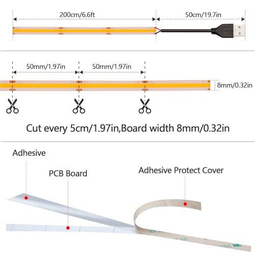 GOMING DC 5V USB COB Orange LED Strip Light USB Powered 6.6ft/2M 640LEDs Indoor Use IP20 Flexible LED Tape Lights